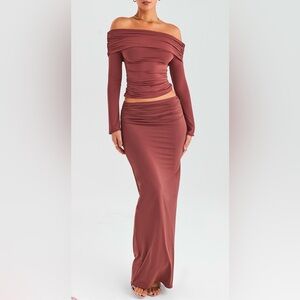 HOUSE OF CB MISTRESS ROCKS COFFEE GATHERED SHIRT & MAXI SKIRT SET